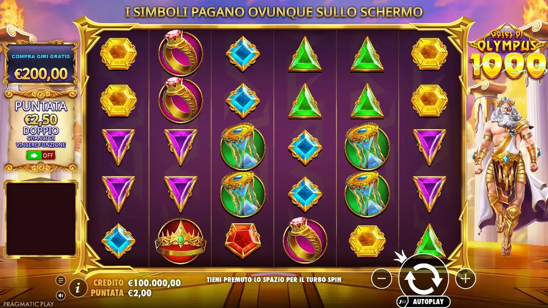 Griglia del gioco base di Gates of Olympus 1000 in modalità demo